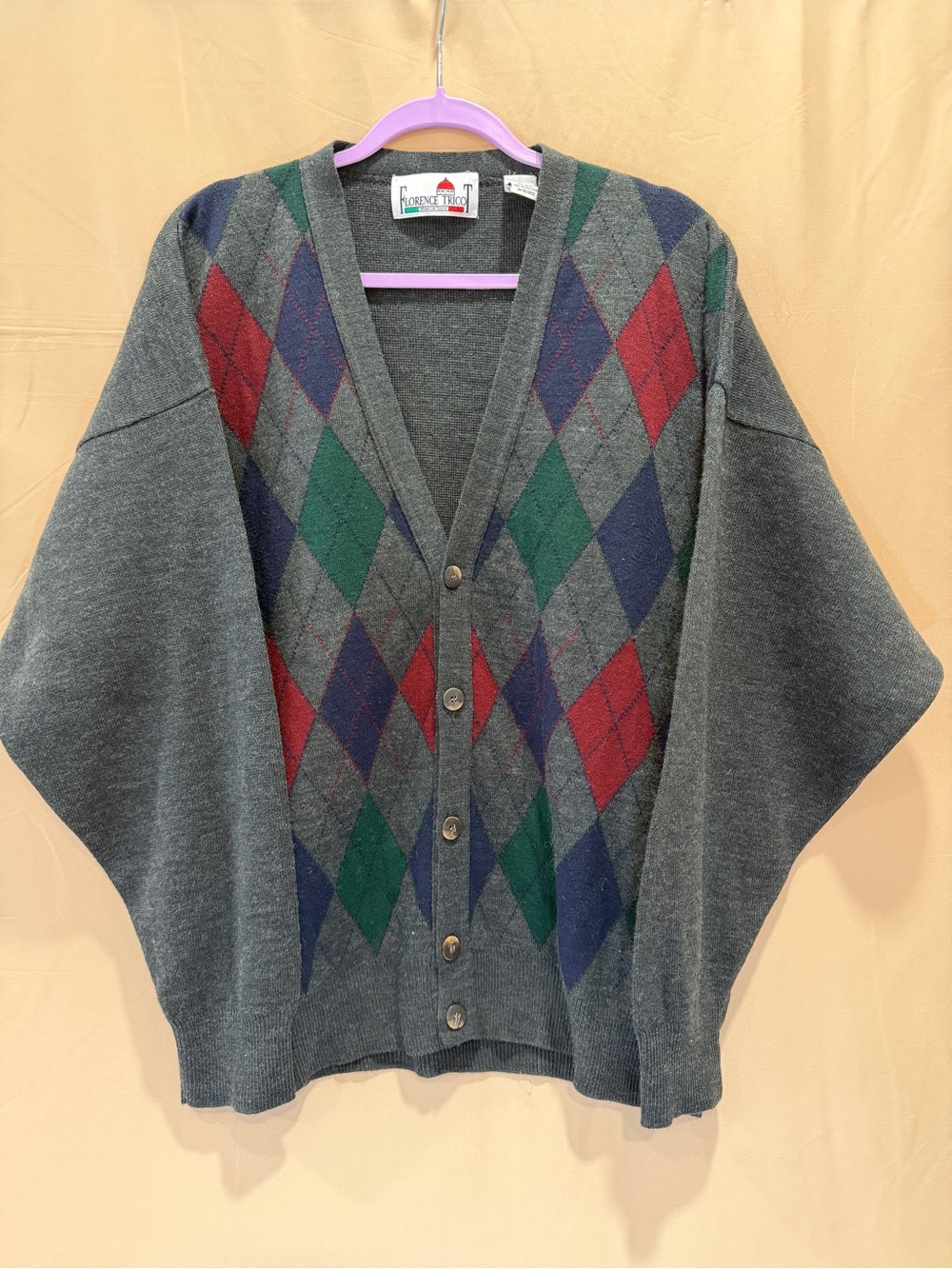 Florence Tricot Gray Argyle Cardigan Sweater Vintage Wool Blend Cottagecore XL
